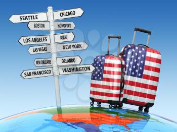 Travel concept. Suitcases and signpost what to visit in USA. 3d