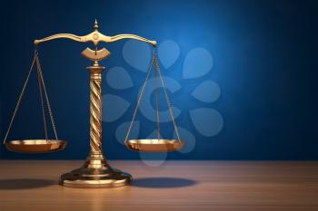 Concept of justice. Law scales on blue background. 3d