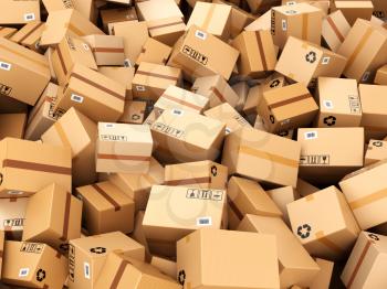 Stack of cardboard delivery boxes or parcels. Warehouse concept background. 3d