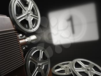 Cinema, movie or video concept. Vintage projector with projecting blank and reels of film. 3d