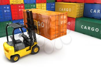 Forklift handling the cargo shipping container box. 3d