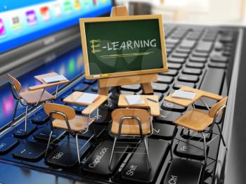 E-learning concept. Schooldesk and chalkboard on the laptop keyboard. 3d