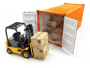 Forklift handling the cargo shipping container box. 3d