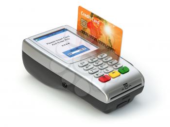 POS terminal with credit card isolated on white. Paying. 3d