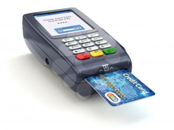 POS terminal with credit card isolated on white. Paying. 3d