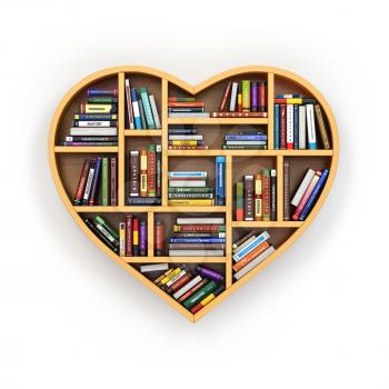 Education concept. Bookshelf with books and textbooks in form of heart. I love reading. 3d