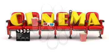 Cinema, movie or video concept. Row of seats with popcorm, glasses and clapper board  isolated on white. 3d