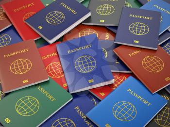 Passports, different types. Travel turism or customs concept background. 3d