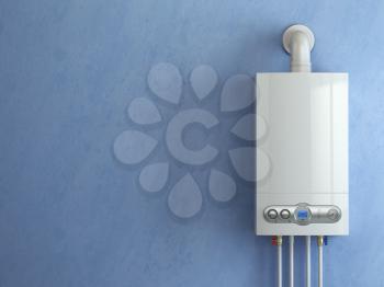 Gas boiler on blue background. Gas boiler home heating. 3d