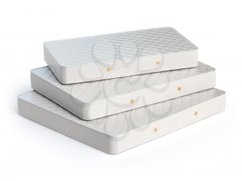 Mattress isolated on white background. Stack of orthopedic mattresses of different sizes. 3d illustration