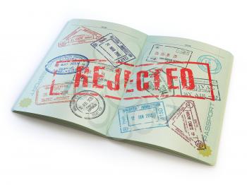 Passport with rejected visa stamp isolated on white. 3d