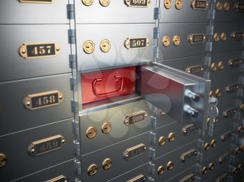 Safe deposit boxes with open one safe cell. 3d illustration