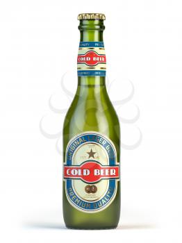 Beer bottle with label cold beer isolated on white. 3d illustration