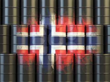 Oil fuel of Norway energy concept. Norwegian flag painted on oil barrels. 3d illustration