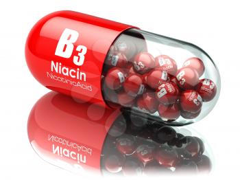 Vitamin B3 capsule. Pill with Niacin or nicotinic acid. Dietary supplements. 3d illustration