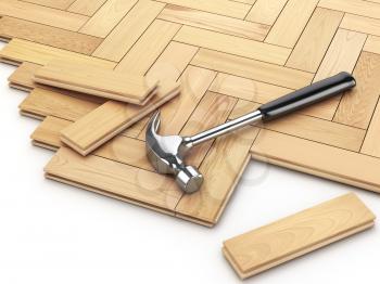 Laying hardwood parquet concept. Hammer on the floor. 3d illustration
