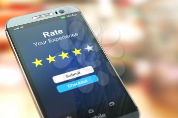 Smartphone or mobile phone with text rate your experience on the screen.  Online feedback rating and review concept. 3d illustration