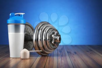 Dumbbell and whey protein shaker. Sports bodybuilding supplements or nutrition. Fitness or healthy lifestyle concept. 3d illustration