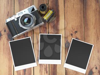 Retro camera, empty photo frames pictures and film canisterrs  on wood table. 3d illustration
