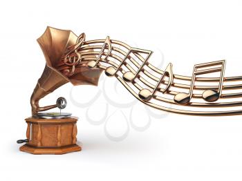 Vintage  gramophone with gold musical notes isolated on white. 3d illustration