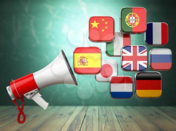 E-learning or online translator concept. Learning languages online. Megaphone and flags. 3d illustration