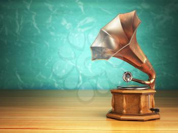 Vintage gramophone on green background. 3d illustration