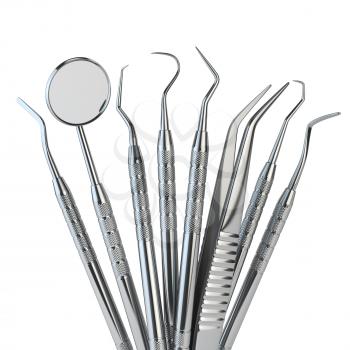 Dental tools set for teeth dental care isolated on white. Stomatology concept. 3d illustration