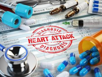 Heart attack diagnosis. Stamp, stethoscope, syringe, blood test and pills on the clipboard with medical report. 3d illustration