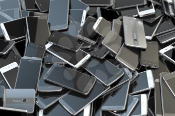 Heap of different smartphones. Mobile phone technology concept background. 3d illustration