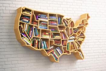 USA education or market of books concept. Book shelf  as map of USA. 3d illustration