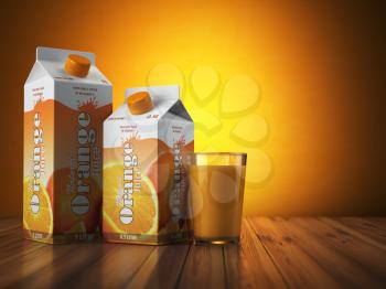 Orange juice carton cardboard box pack with glass on orange background. 3d illustartion