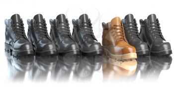 One unique brown boot in the row of black boots. Marketing concept. Choosing the style, Think different. 3d illustration