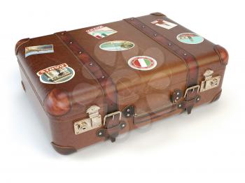 Retro suitcase beggage with travel stickers isolated on white background. 3d illustration