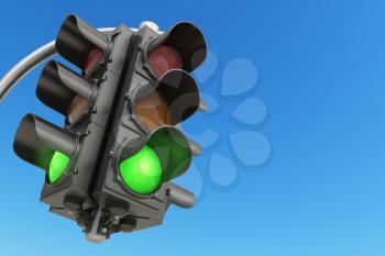 Traffic light with green color on blue sky background. 3d illustration