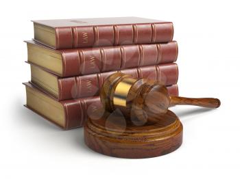 Gavel and lawyer books isolated on white. Justice, law and legal concept. 3d illustration