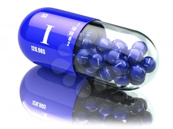 Iodine I element pills. Dietary supplements. Vitamin capsules. 3d illustration