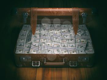 Vintage suitcase full of money. Business emigration concept background. 3d illustration