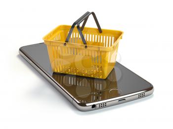 Mobile phone or smartphone with yellow shopping basket. Online shopping concept.  3d illustration