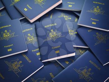 Passports of Australia background. Immigration or travel concept. Pile of australian passports. 3d illustration