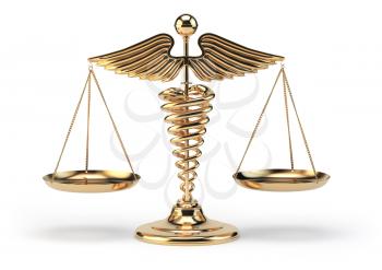 Medical caduceus symbol as scales. Concept of medicine and justice. 3d illustration