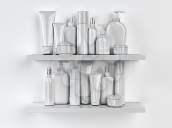 Shelf with cosmetics and toiletries. 3d illustration