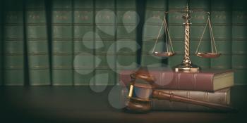 Gavel and scale on the background of vintage lawyer books. Concept of law and justice. 3d illustration