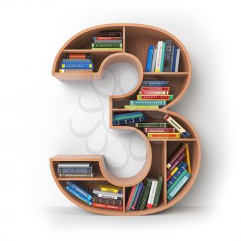 Number 3 three. Alphabet in the form of shelves with books isolated on white. 3d illustration