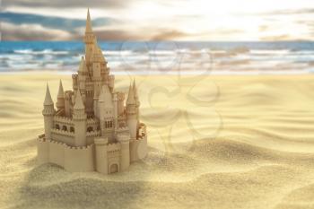 Sand castle on the beach on the sea and sky background. 3d illustration