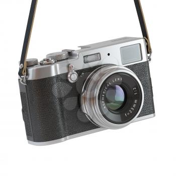 Hanging vintage retro photo camera isolated on the white backgroundl. 3d illustration