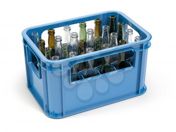 Empty bottles  in the strage crate for bottles. Glass recycling concept.3d illustration