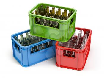 Empty bottles  in the strage crate for bottles. Glass recycling concept.3d illustration