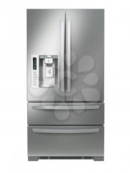 Fridge freezer. Side by side stainless steel refrigerator  with ice and water system isolated on white background. 3d illustration