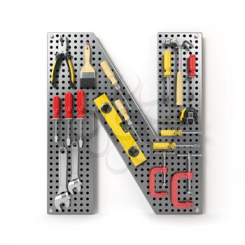 Letter N. Alphabet from the tools on the metal pegboard isolated on white.  3d illustration