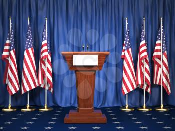 Podium speaker tribune with USA flags. Briefing of president of United states in White House. Politics concept. 3d illustration